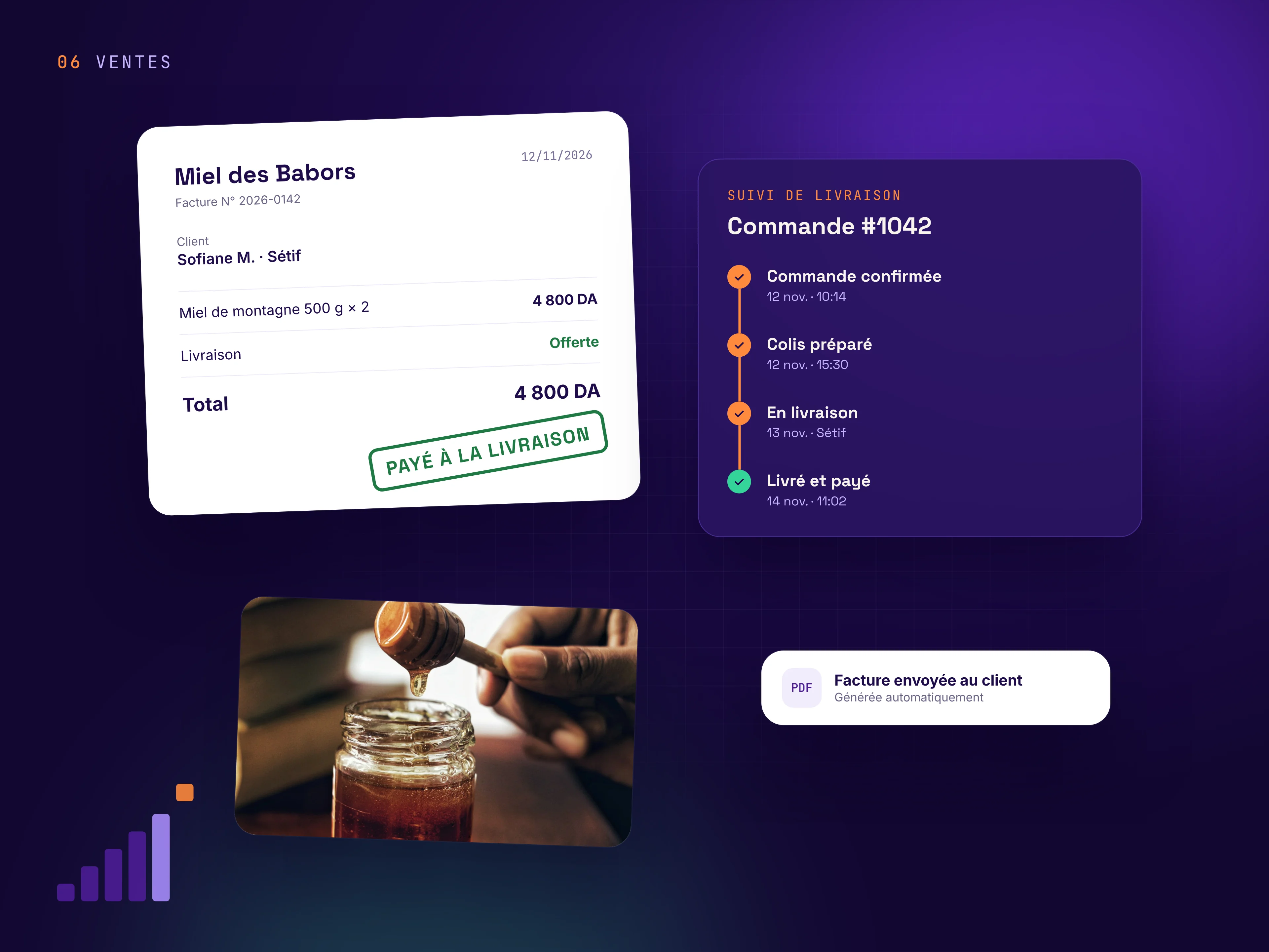 Facture générée automatiquement et suivi de livraison jusqu’au paiement
