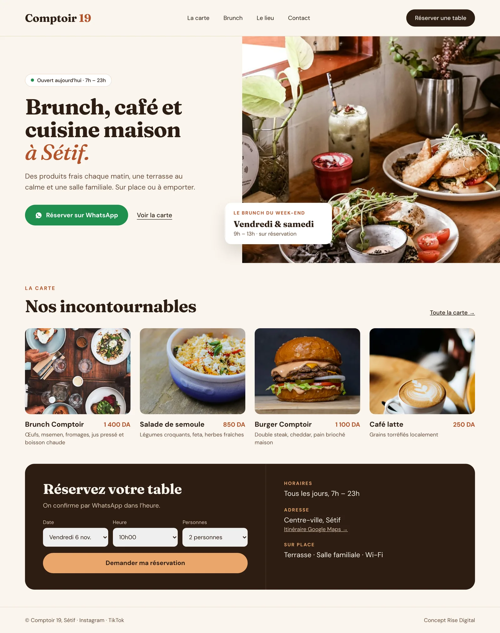 Concept de site vitrine pour un restaurant-café, réalisé par Rise Digital