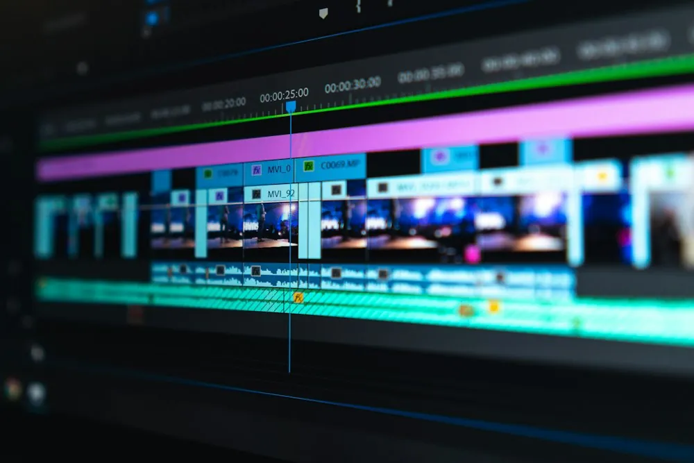 Timeline de montage vidéo avec pistes image, sous-titres et son